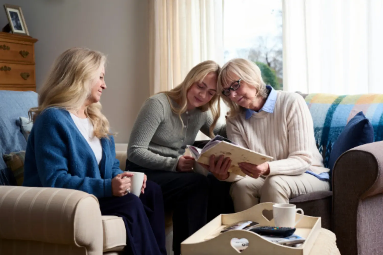 Family looking through photo album