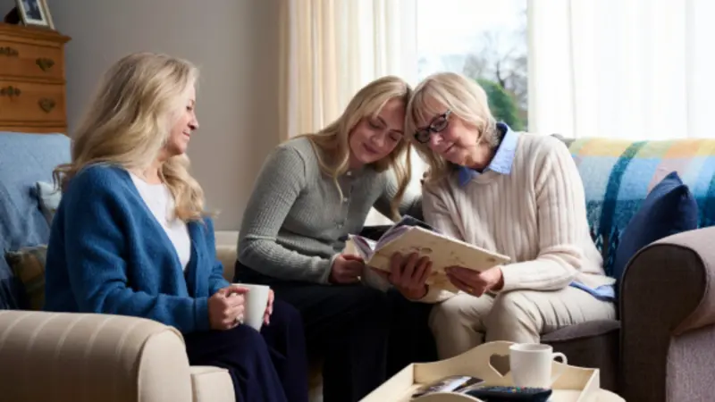 Family looking through photo album